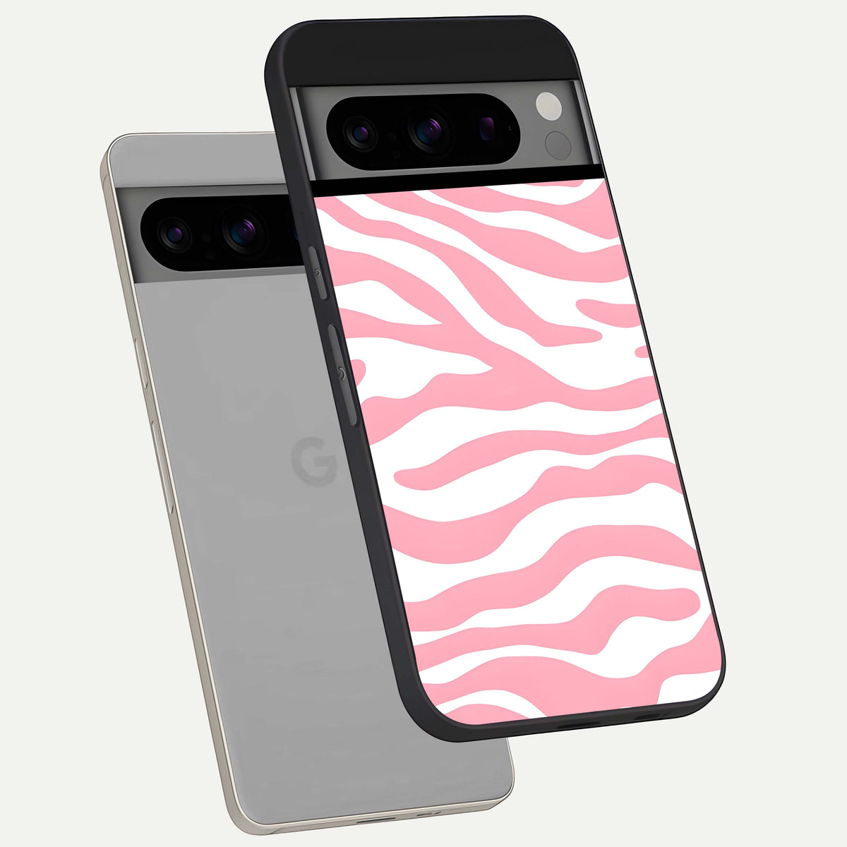  Blush Zebra Flow phone case For Google Pixel 8 Pro showing premium glass back cover with detailed artwork