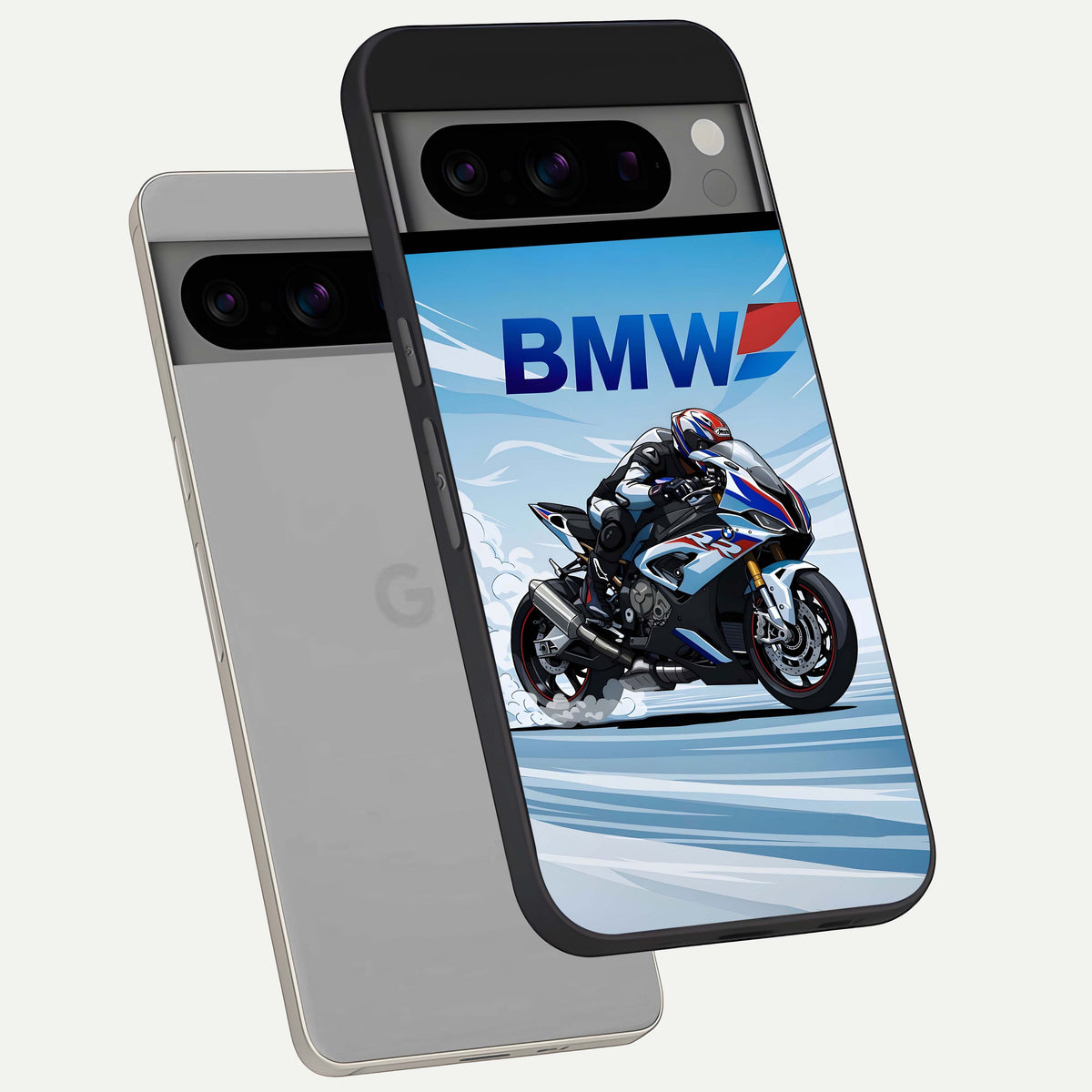  BMW Power Drift phone case For Google Pixel 8 Pro showing premium glass back cover with detailed artwork