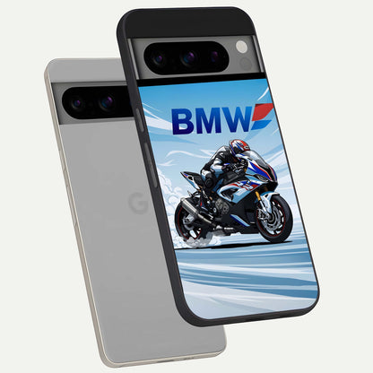  BMW Power Drift phone case For Google Pixel 8 Pro showing premium glass back cover with detailed artwork