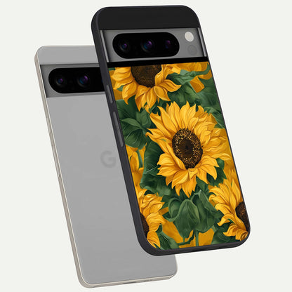  Bright Sunflower Bloom phone case For Google Pixel 8 Pro showing premium glass back cover with detailed artwork