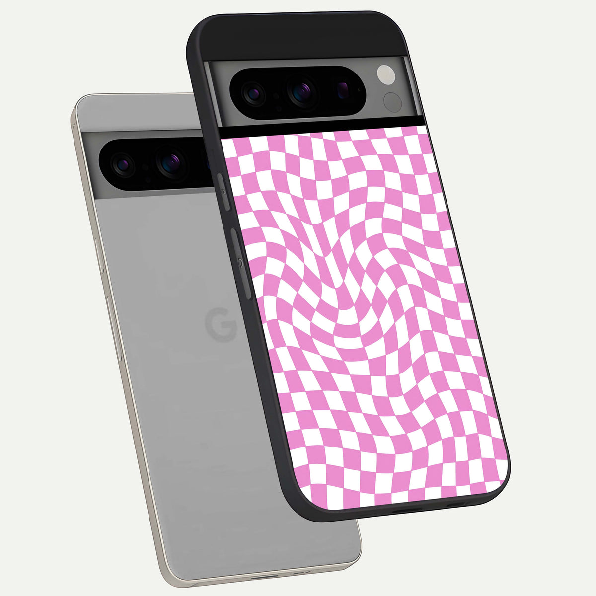  Bubblegum Check Wave phone case For Google Pixel 8 Pro showing premium glass back cover with detailed artwork