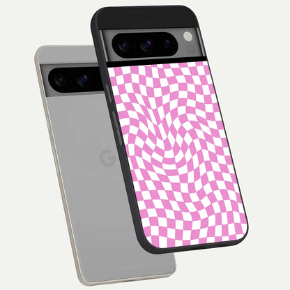  Bubblegum Check Wave phone case For Google Pixel 8 Pro showing premium glass back cover with detailed artwork