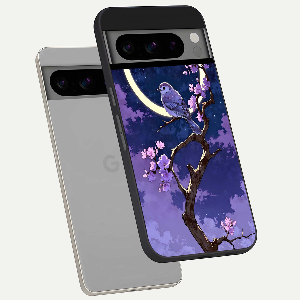  Celestial Bird Blossom phone case For Google Pixel 8 Pro showing premium glass back cover with detailed artwork