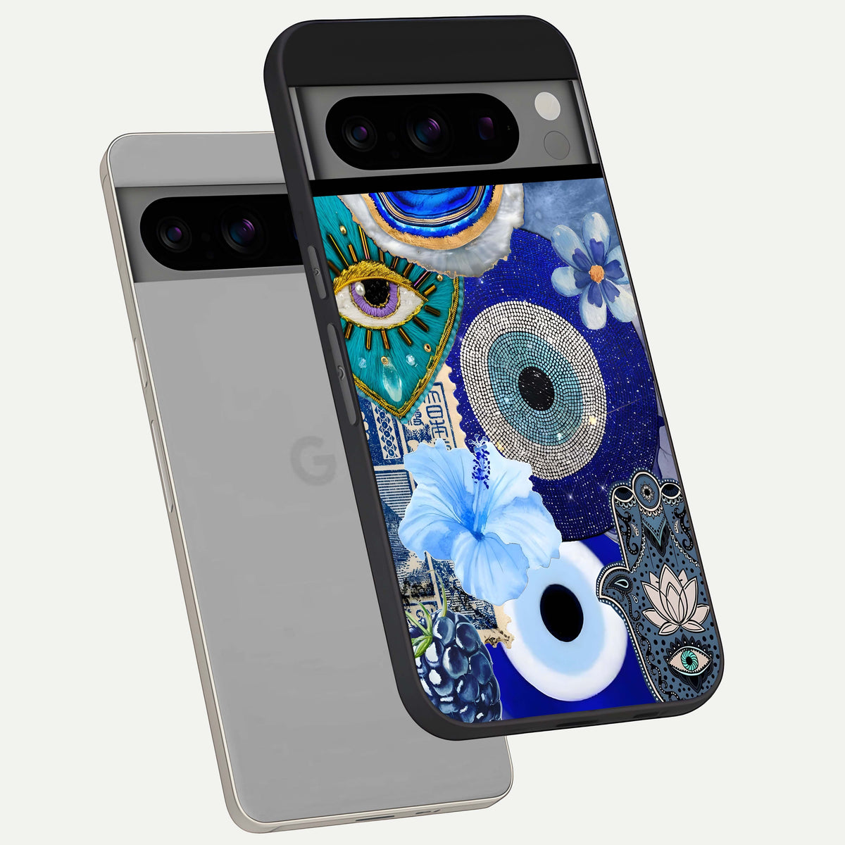  Celestial Blue Vision phone case For Google Pixel 8 Pro showing premium glass back cover with detailed artwork