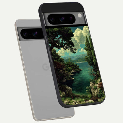  Celestial Lake Peace phone case For Google Pixel 8 Pro showing premium glass back cover with detailed artwork