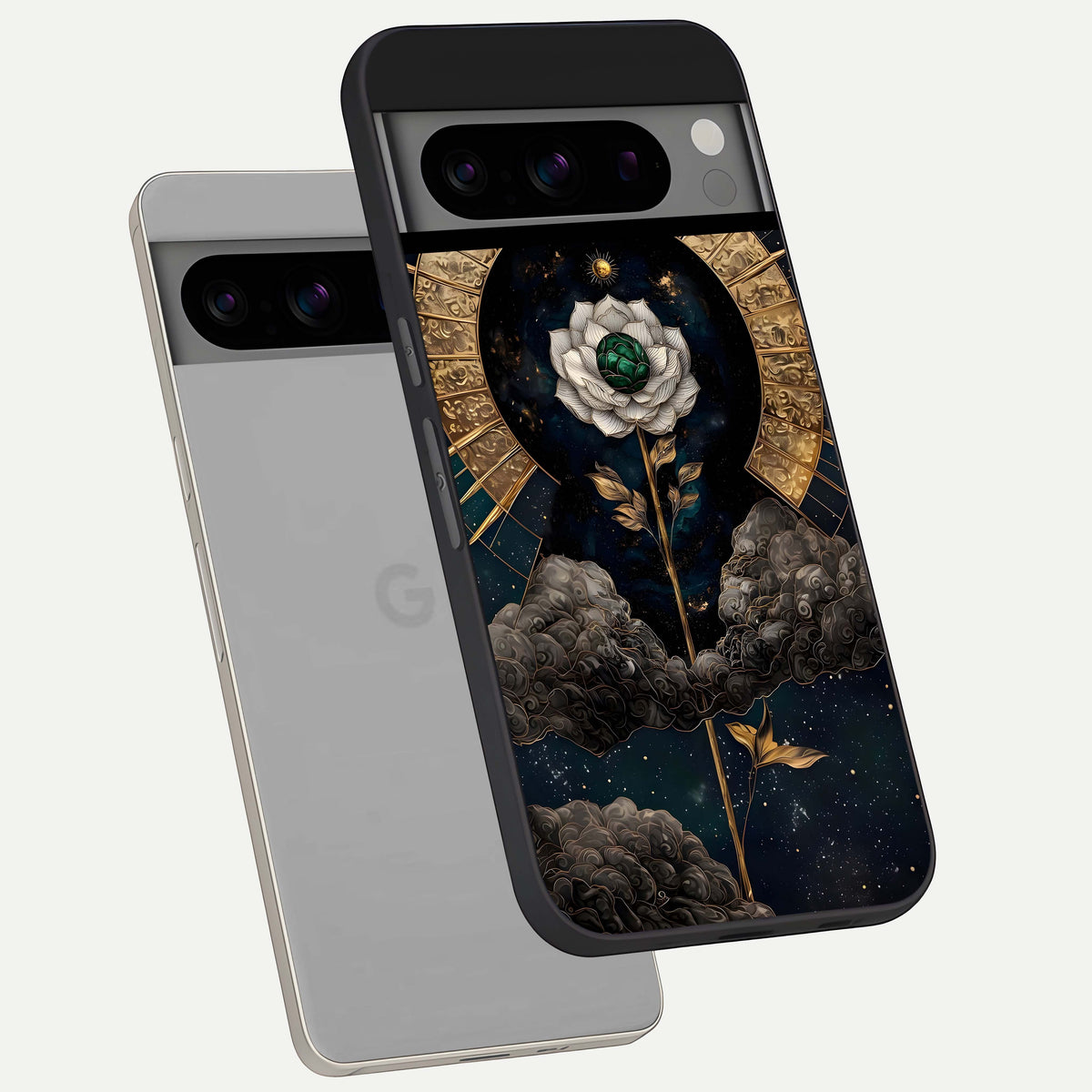  Celestial Lotus Morang phone case For Google Pixel 8 Pro showing premium glass back cover with detailed artwork