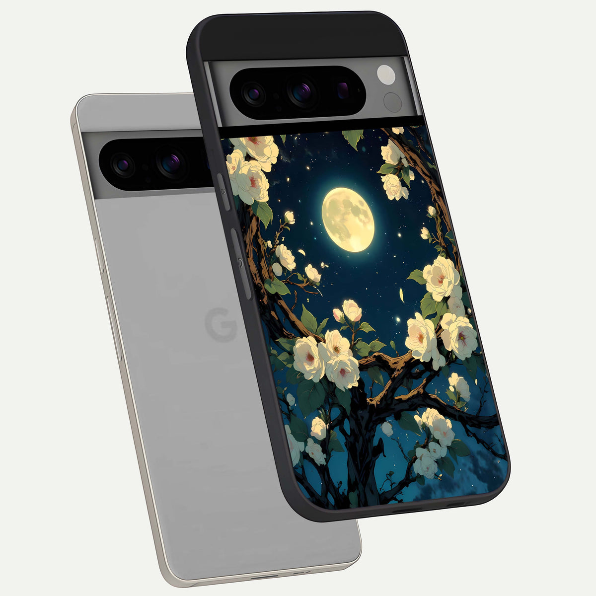  Celestial Moon And Flower phone case For Google Pixel 8 Pro showing premium glass back cover with detailed artwork
