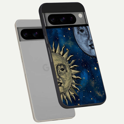  Celestial Moon With Sun phone case For Google Pixel 8 Pro showing premium glass back cover with detailed artwork