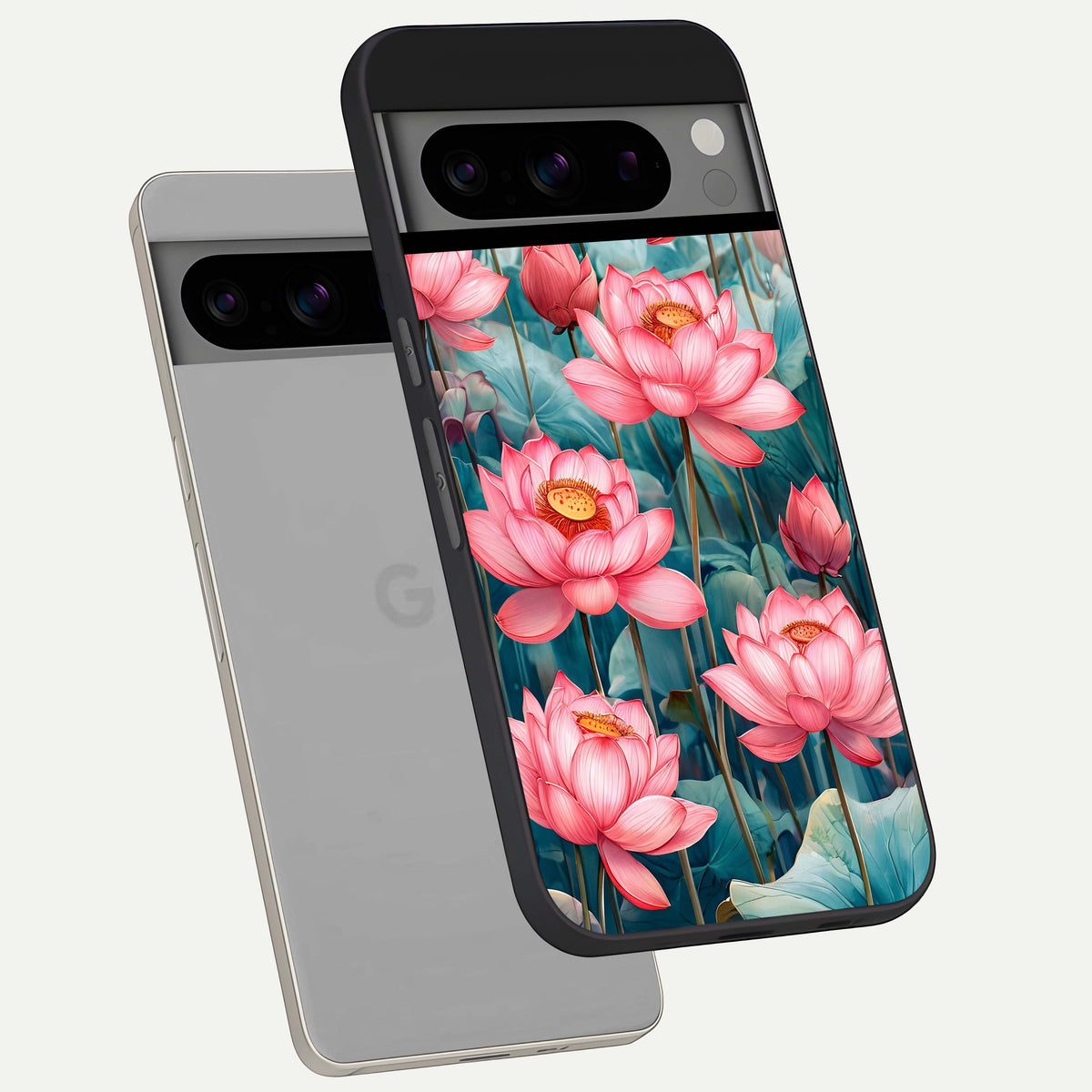  Celestial Pink Lotus phone case For Google Pixel 8 Pro showing premium glass back cover with detailed artwork
