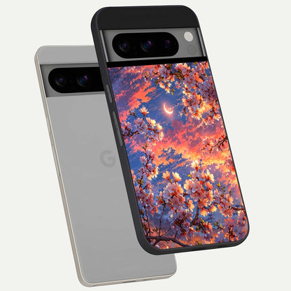  Celestial Sakura Sunset phone case For Google Pixel 8 Pro showing premium glass back cover with detailed artwork