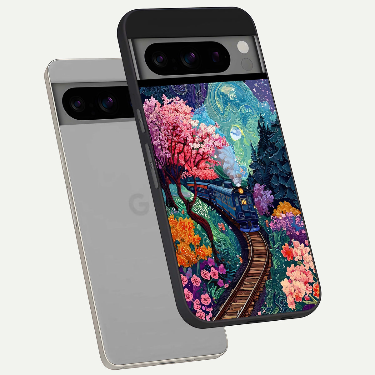  Celestial Train Journey phone case For Google Pixel 8 Pro showing premium glass back cover with detailed artwork