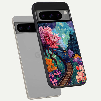  Celestial Train Journey phone case For Google Pixel 8 Pro showing premium glass back cover with detailed artwork