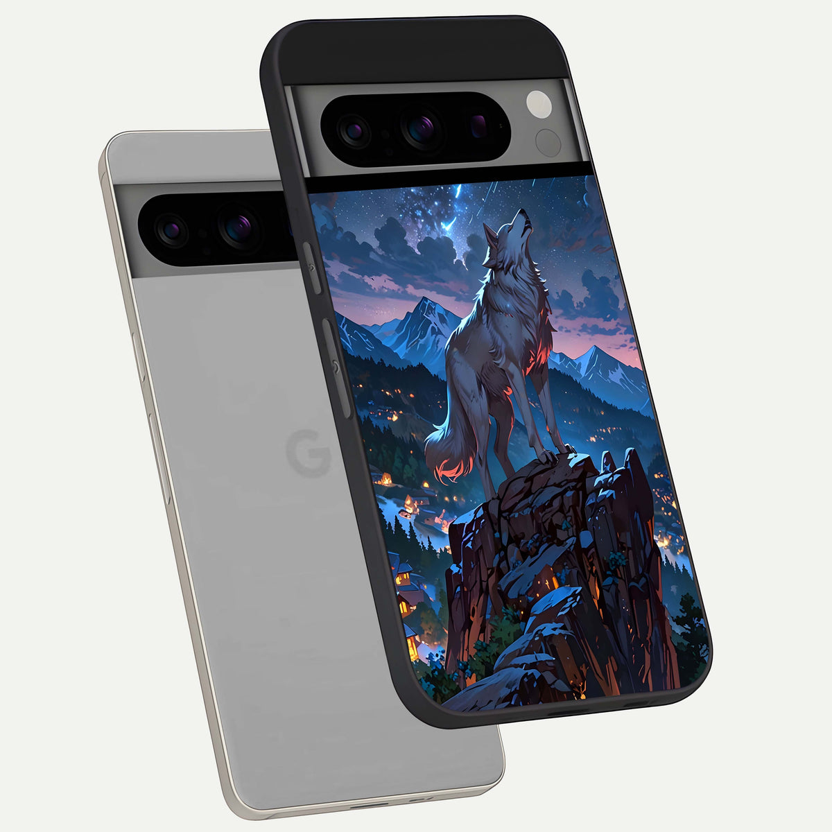  Celestial Wolf Howl phone case For Google Pixel 8 Pro showing premium glass back cover with detailed artwork