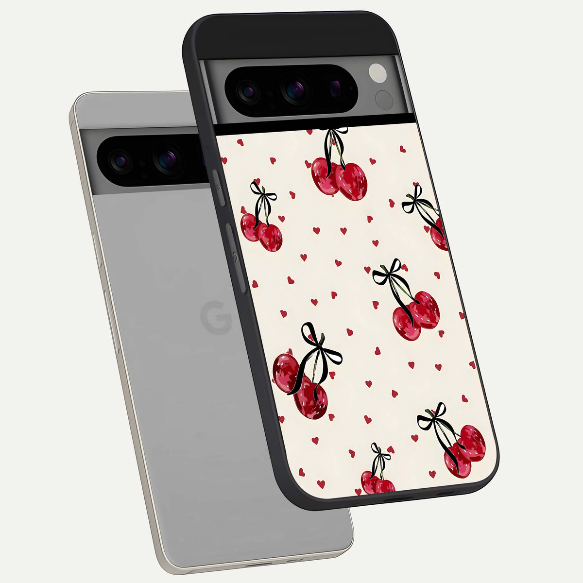  Cherry Heart Bow phone case For Google Pixel 8 Pro showing premium glass back cover with detailed artwork