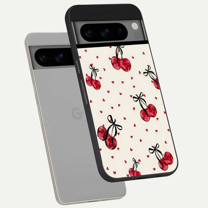  Cherry Heart Bow phone case For Google Pixel 8 Pro showing premium glass back cover with detailed artwork