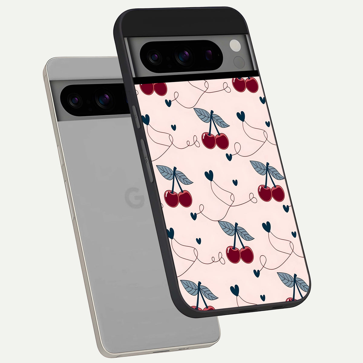  Cherry Heart Line phone case For Google Pixel 8 Pro showing premium glass back cover with detailed artwork