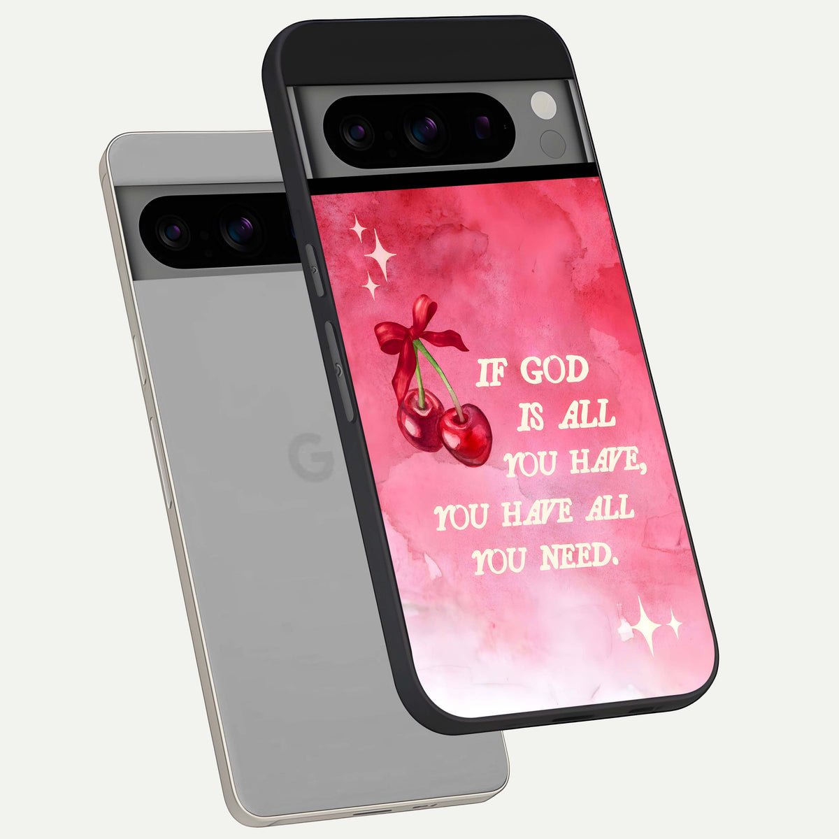  Cherry Quote phone case For Google Pixel 8 Pro showing premium glass back cover with detailed artwork