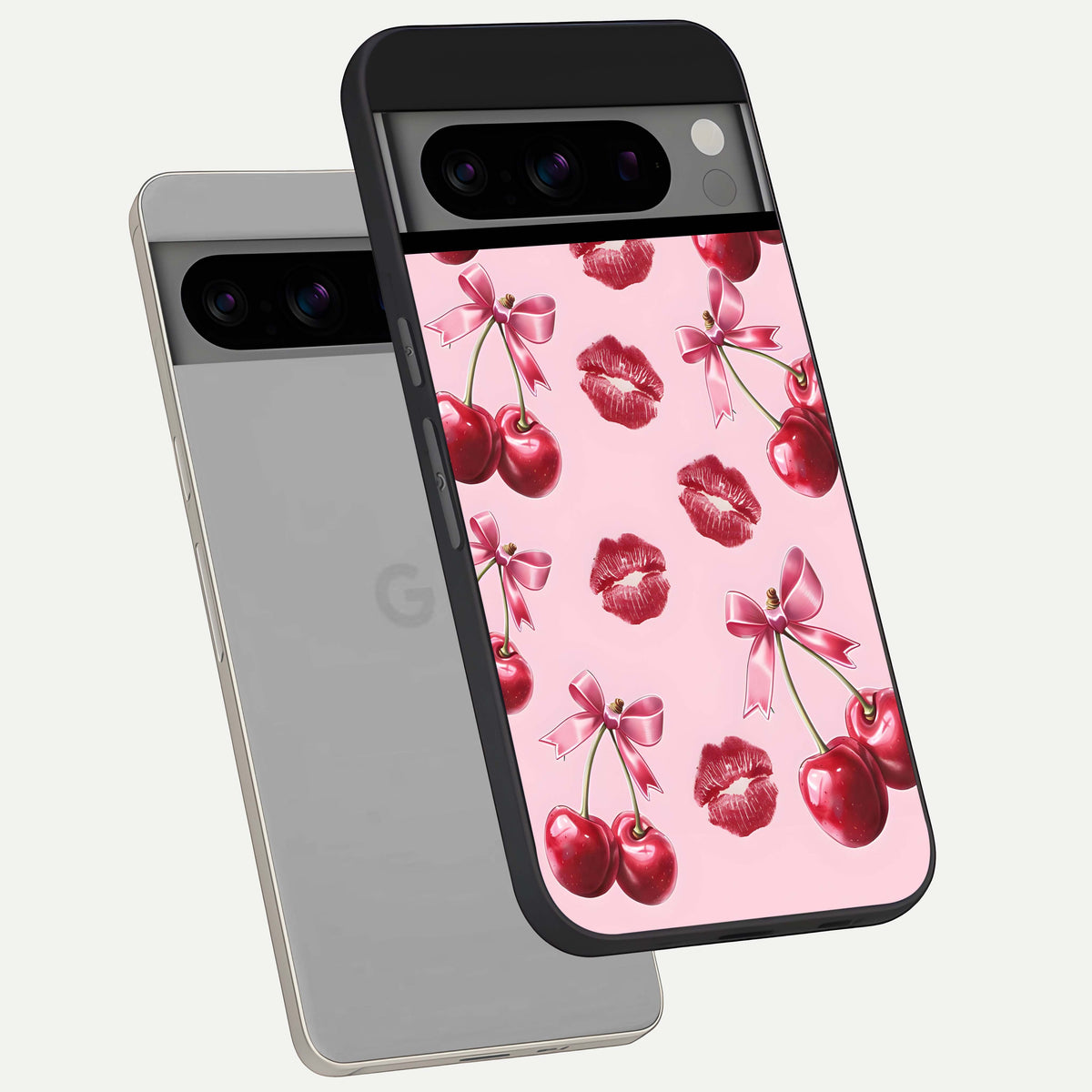  Cherry With Lips phone case For Google Pixel 8 Pro showing premium glass back cover with detailed artwork