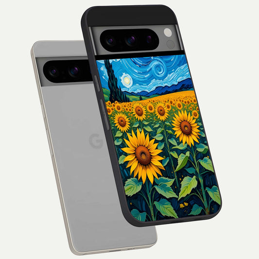  Starry Sunflower Dreams phone case For Google Pixel 8 Pro showing premium glass back cover with detailed artwork