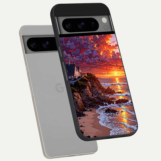  Sunset House By Sea phone case For Google Pixel 8 Pro showing premium glass back cover with detailed artwork