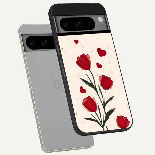  Tulip With Heart phone case For Google Pixel 8 Pro showing premium glass back cover with detailed artwork