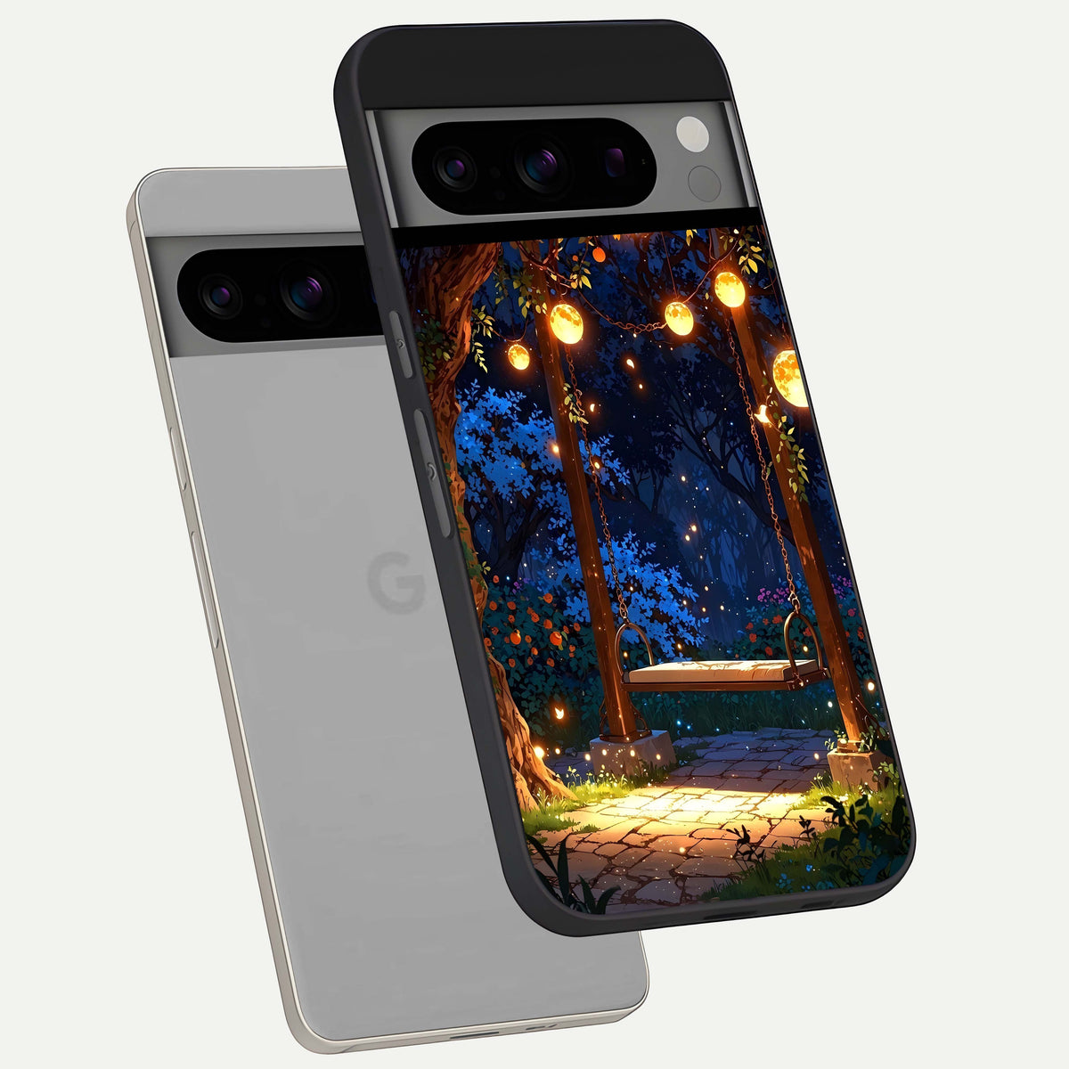  Twilight Garden Swing phone case For Google Pixel 8 Pro showing premium glass back cover with detailed artwork