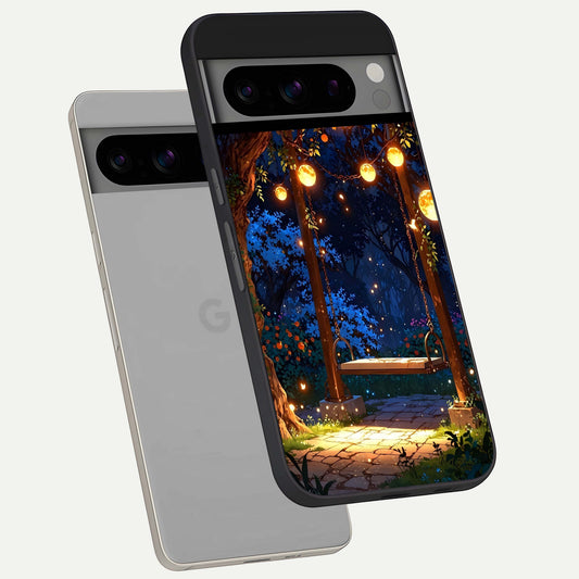  Twilight Garden Swing phone case For Google Pixel 8 Pro showing premium glass back cover with detailed artwork
