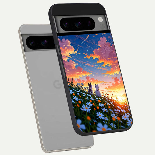  Two Cats Friends phone case For Google Pixel 8 Pro showing premium glass back cover with detailed artwork