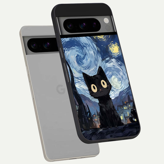  Van Gogh Cat phone case For Google Pixel 8 Pro showing premium glass back cover with detailed artwork