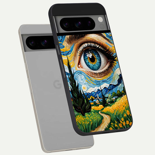  Van Gogh Eye phone case For Google Pixel 8 Pro showing premium glass back cover with detailed artwork