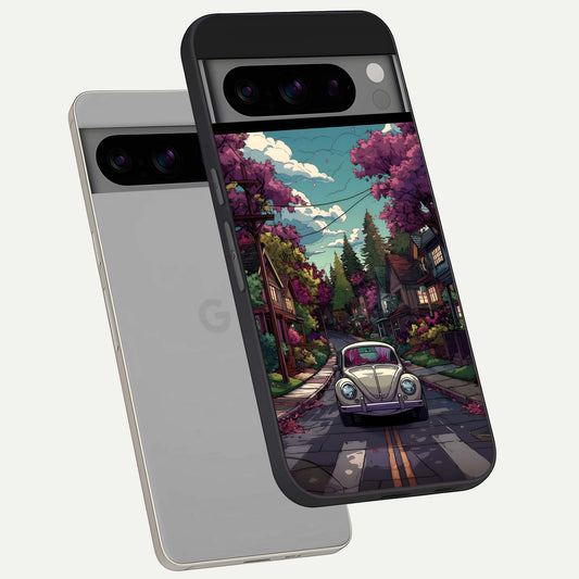  Vintage Street Drive phone case For Google Pixel 8 Pro showing premium glass back cover with detailed artwork