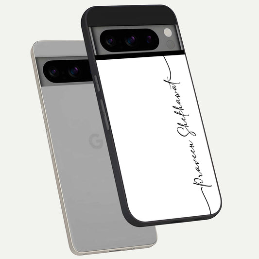  White Tune Custom Name phone case For Google Pixel 8 Pro showing premium custom name glass back cover