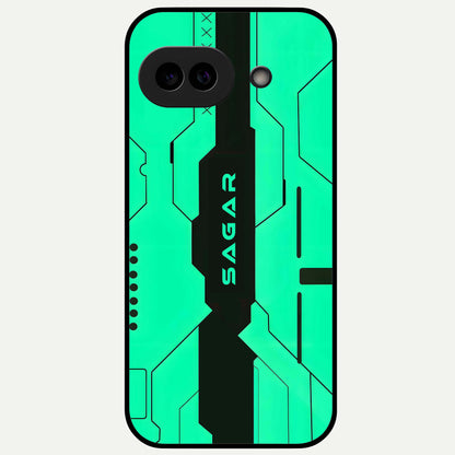  Aqua Tech CYBERPUNK Custom Name Glass Case For Google Pixel 9A back cover – full design glossy printed glass finish