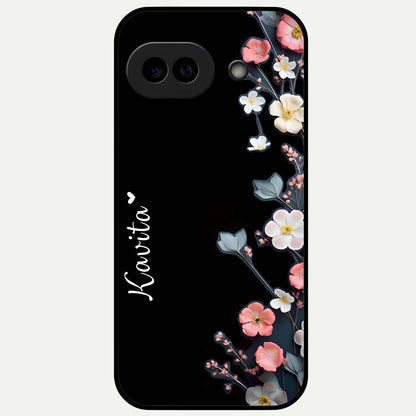  Black Elegance Floral Custom Name Glass Case For Google Pixel 9A back cover – full design glossy printed glass finish