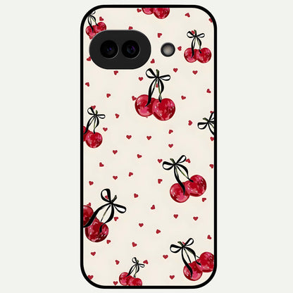  Cherry Heart Bow Glass Case For Google Pixel 9A back cover – full design glossy printed glass finish