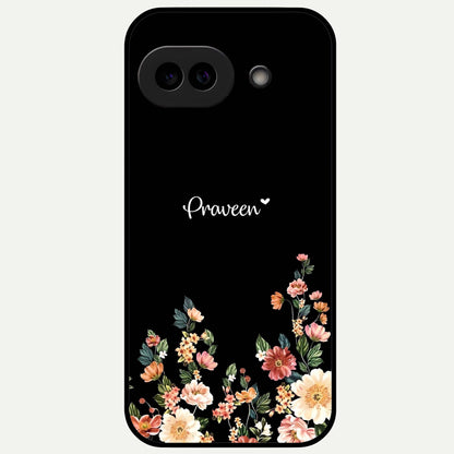  Floral Design Personalized Custom Name Glass Case For Google Pixel 9A back cover – full design glossy printed glass finish