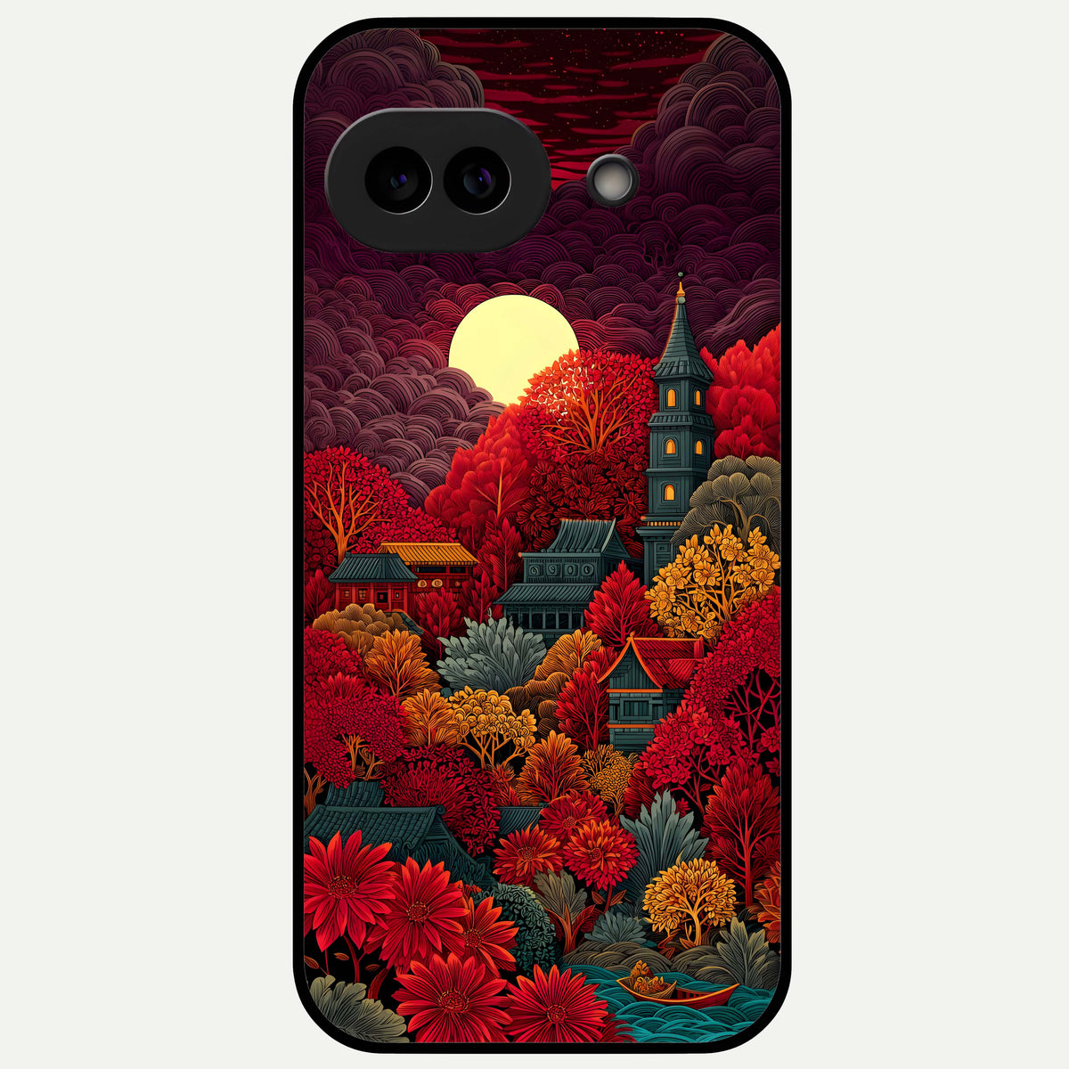  Scarlet Autumn Temple Glass Case For Google Pixel 9A back cover – full design glossy printed glass finish