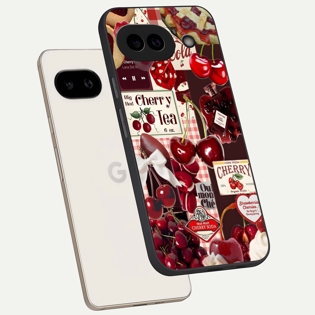  Aesthetic Cherry Tea phone case For Google Pixel 9A showing premium glass back cover with detailed artwork