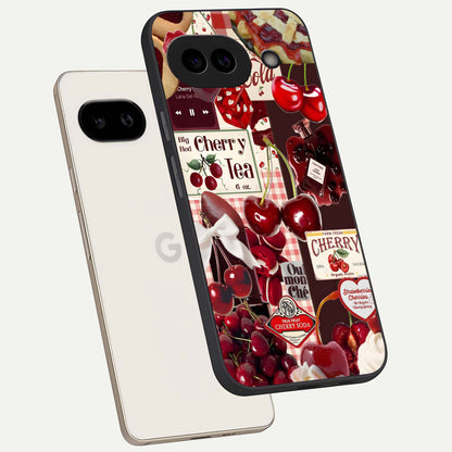  Aesthetic Cherry Tea phone case For Google Pixel 9A showing premium glass back cover with detailed artwork