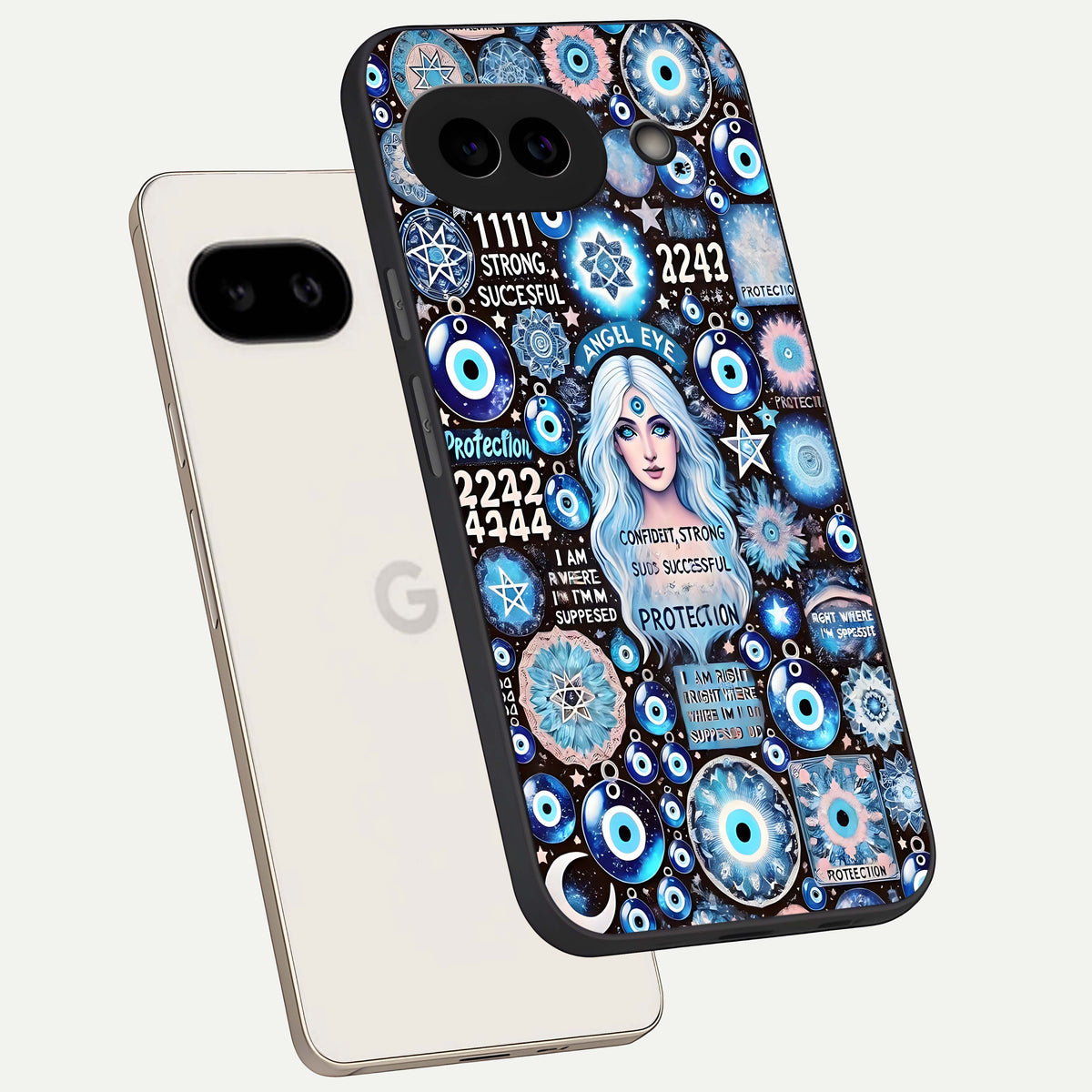  Angel Aura Shield phone case For Google Pixel 9A showing premium glass back cover with detailed artwork