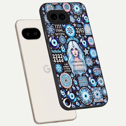  Angel Aura Shield phone case For Google Pixel 9A showing premium glass back cover with detailed artwork