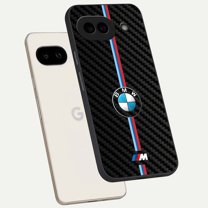  BMW Pattern phone case For Google Pixel 9A showing premium glass back cover with detailed artwork