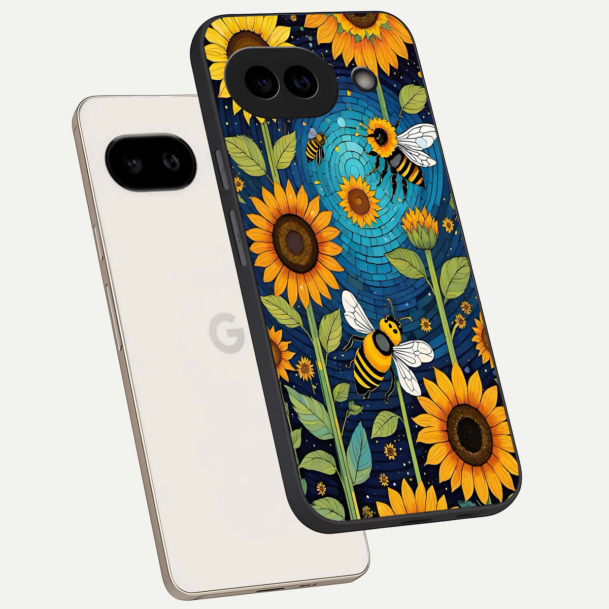  Bees And Sunflowers phone case For Google Pixel 9A showing premium glass back cover with detailed artwork