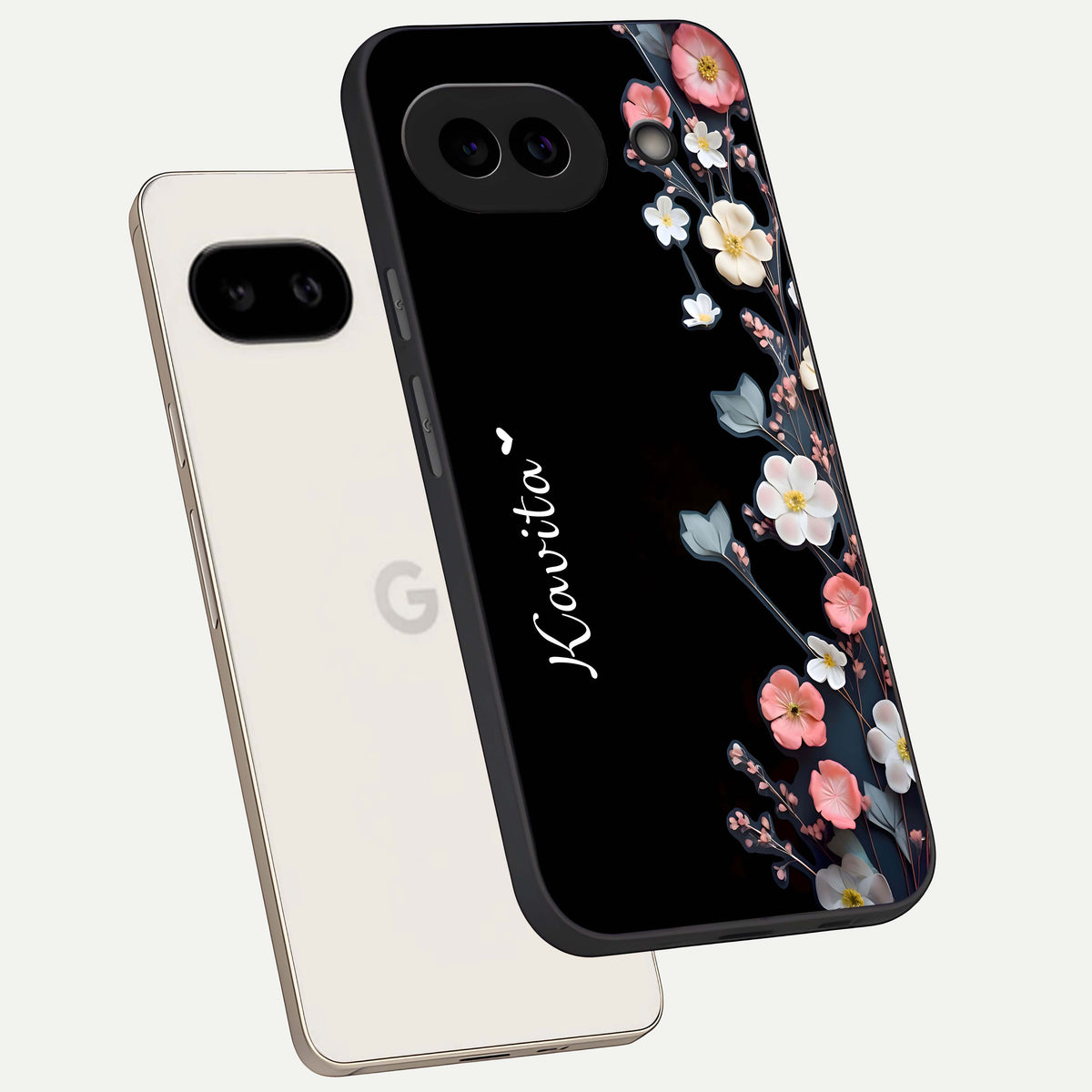  Black Elegance Floral Custom Name phone case For Google Pixel 9A showing premium glass back cover with detailed artwork