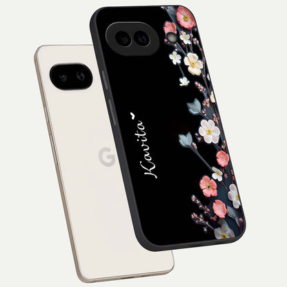  Black Elegance Floral Custom Name phone case For Google Pixel 9A showing premium glass back cover with detailed artwork