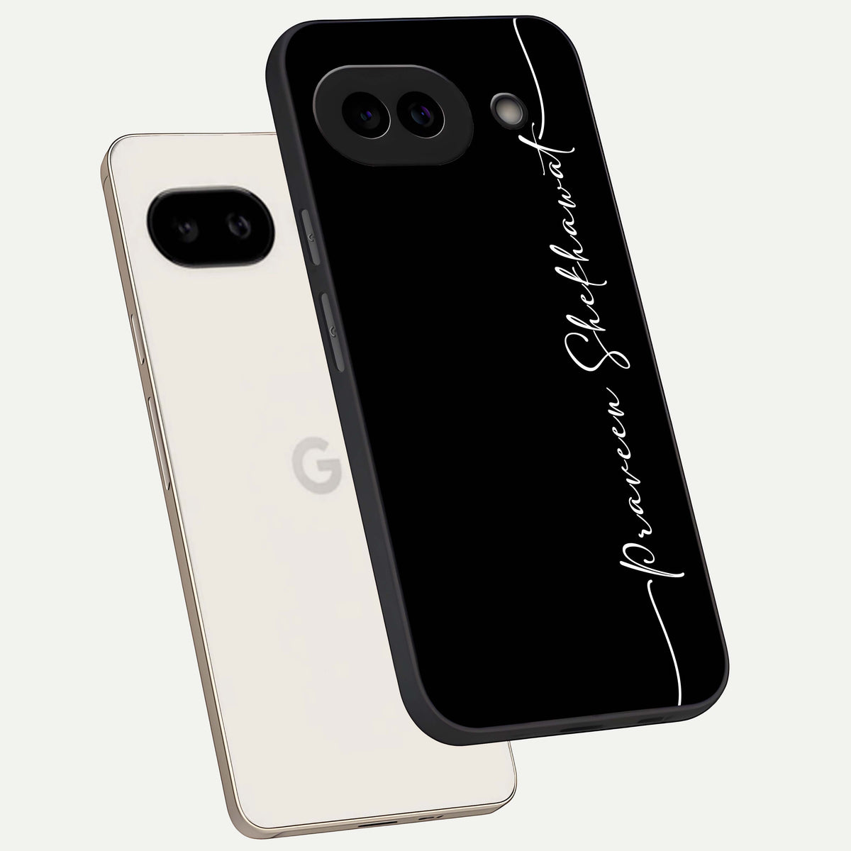  Black Tune Custom Name phone case For Google Pixel 9A showing premium glass back cover with detailed artwork