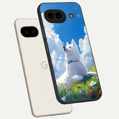  Blissful Cloud Pup phone case For Google Pixel 9A showing premium glass back cover with detailed artwork