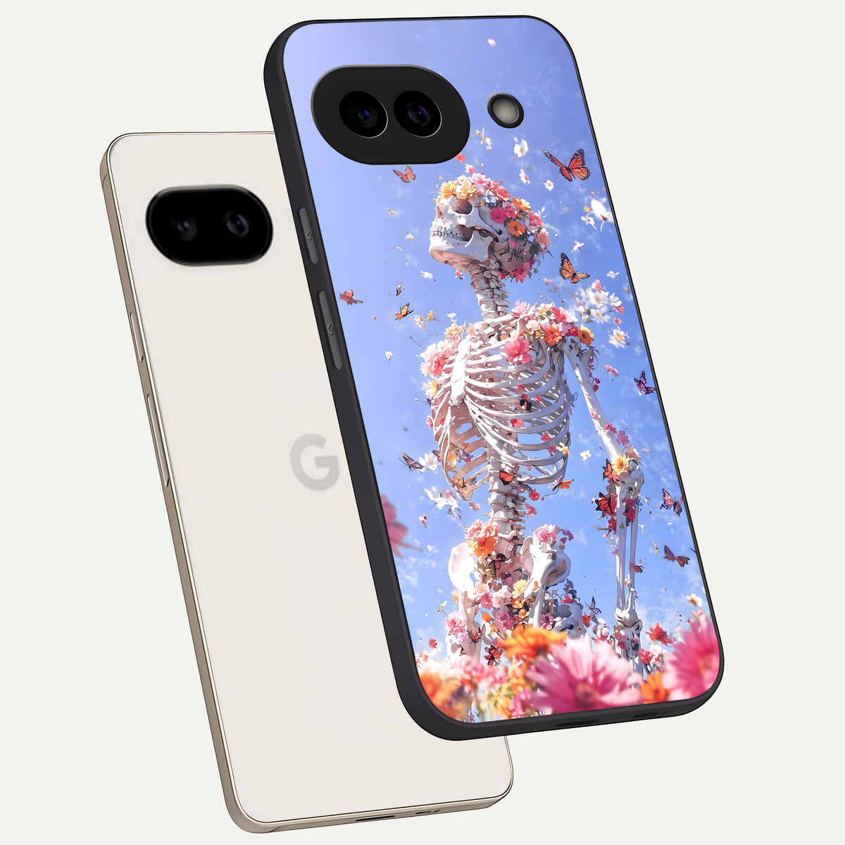  Bloom Beyond Bones phone case For Google Pixel 9A showing premium glass back cover with detailed artwork