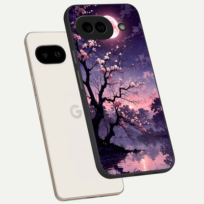  Blossom Pink Moon phone case For Google Pixel 9A showing premium glass back cover with detailed artwork