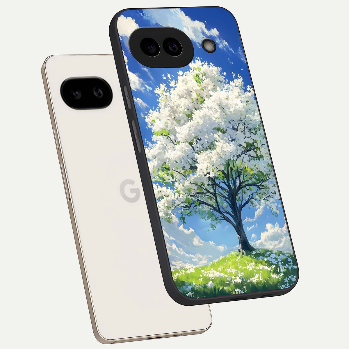 Blossom Sky Serenity phone case For Google Pixel 9A showing premium glass back cover with detailed artwork